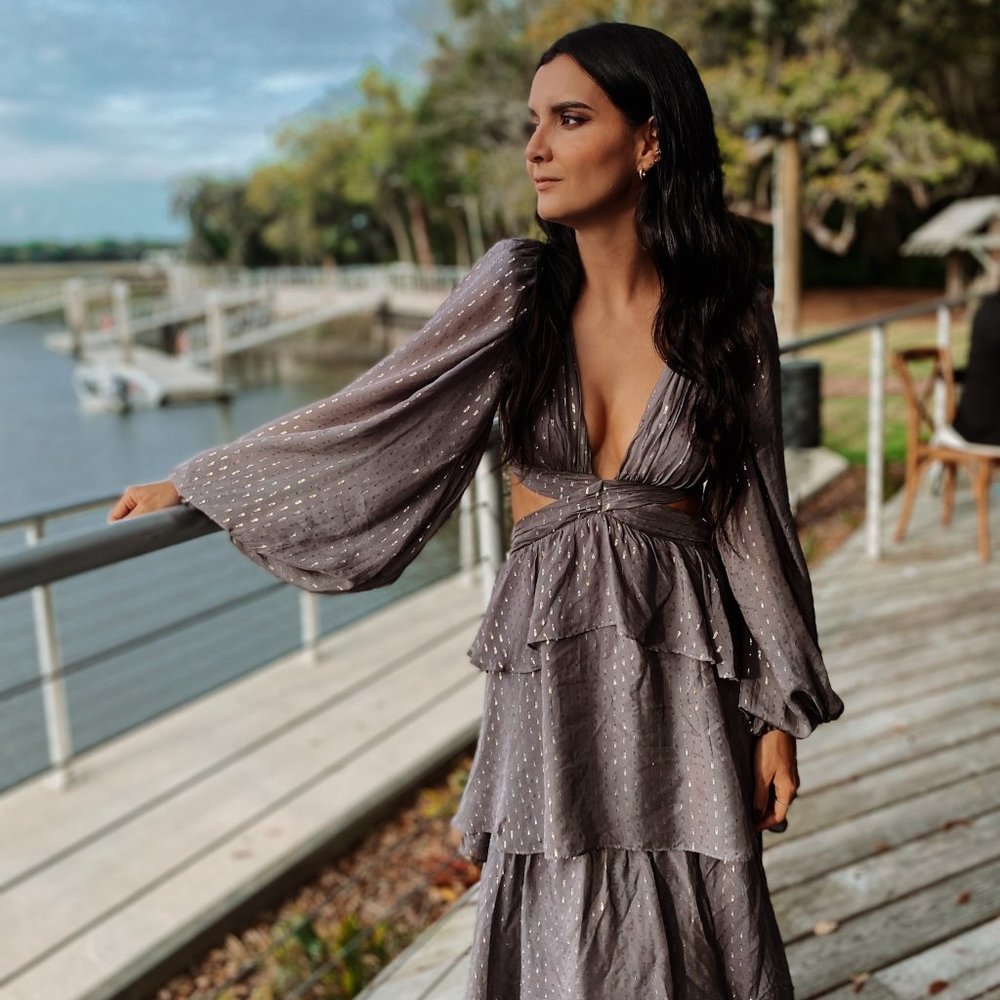 X REVOLVE TIERED RUFFLE GOWN IN GREY